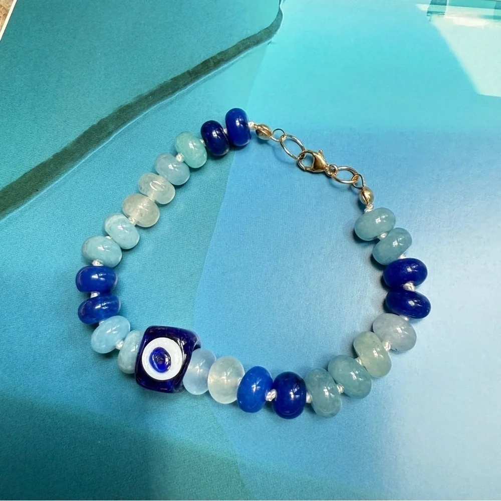 Hand Knotted Blue Evil Eye Jade Beaded Bracelet